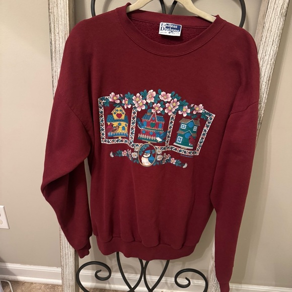 Endless Designs Vintage Birdhouse Birds Floral Sweatshirt Made in USA L - Picture 2 of 9